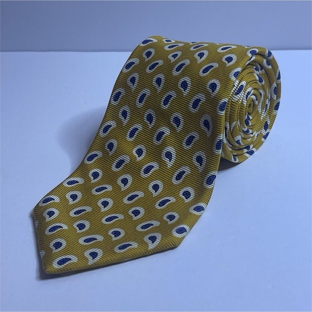 Brooks Brothers Makers Yellow Blue Paisley REPP Silk Wide Tie Vintage 70s